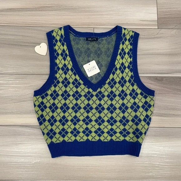 NWT UK2LA Vest Size Large V-Neck Cropped Argyle Print Preppy Tennis Golf - Picture 8 of 14